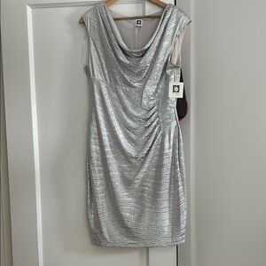 Anne Klein Gray Ruched Sheath Midi Dress